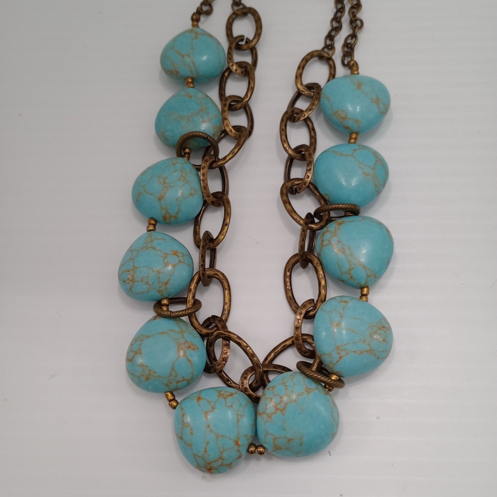 Premier Designs Turquoise Statement Necklace Gold Tone Signed - Picture 7 of 9